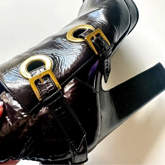 Sergio Rossi Crinkle Patent Leather Open-toe Booties Golden Statement Buckles 38 - Picture 4 of 14